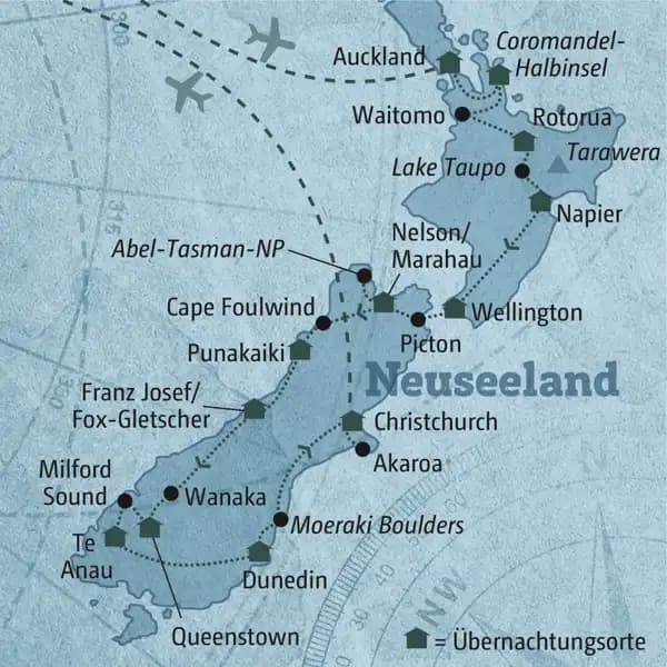 Diese Reisekarte zeigt den Verlauf der individuellen Marco Polo Reise durch Neuseeland: Auckland, Coromandel-Halbinsel, Waitomo, Rotorua, Napier, Wellington, Abel-Tasman-NP, Punakaiki, Franz-Josef/Fox-Gletscher, Queenstown, Milford Sound, Dunedin, Christchurch.